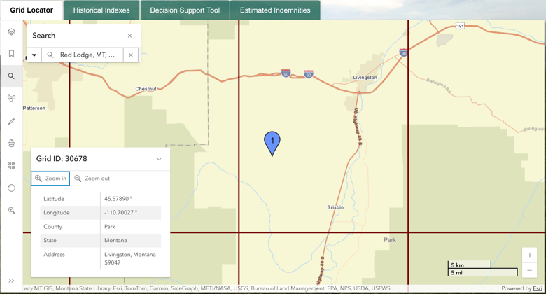 GIS locator map screenshot shows grid cell 30678 near Livingston, Montana, supporting location identification through latitude, longitude, and address fields. Blue pin marks a location near Bridger, with red grid boundaries, highways, rivers, town labels, and 5-km scale bar visible.