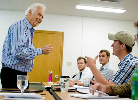 Jake Jabs talking to students