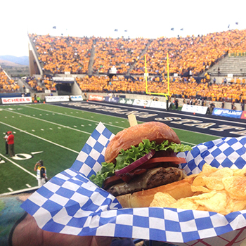 picture of a hamburger and chips in Bobcat football stadium