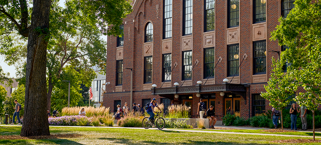 Students walking outside of Romney Hall