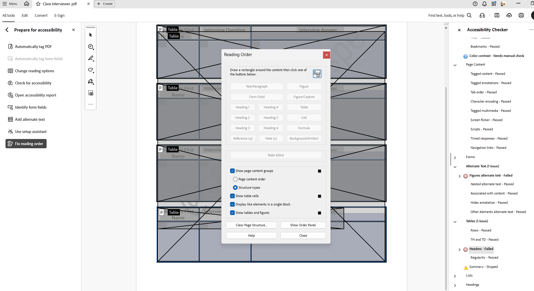 Adobe Acrobat Pro’s Reading Order tool showing options for identifying headings, text, tables, and other PDF content.