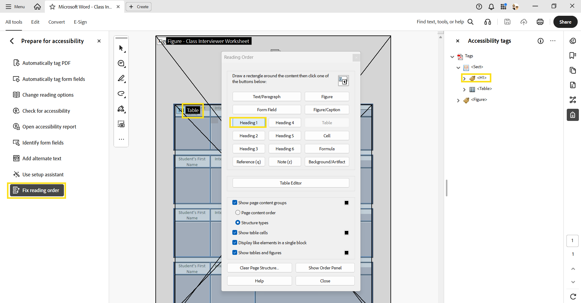 Adobe Acrobat Pro’s Fix Reading Order tool showing the Heading 1 option and H1 tag highlighted to demonstrate how to identify a document heading.