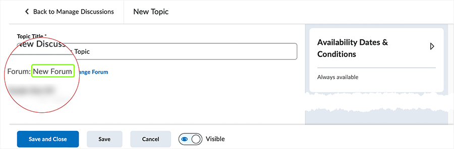 Brightspace screenshot 20.23.04 - title of existting forum appears in the "Forum:" area