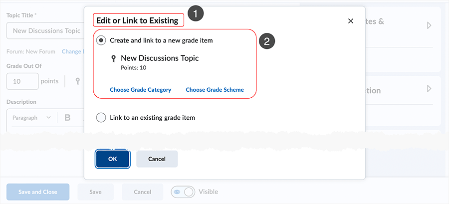 Brightspace screenshot 20.23.04 - "Create and link to a new grade item" display detail