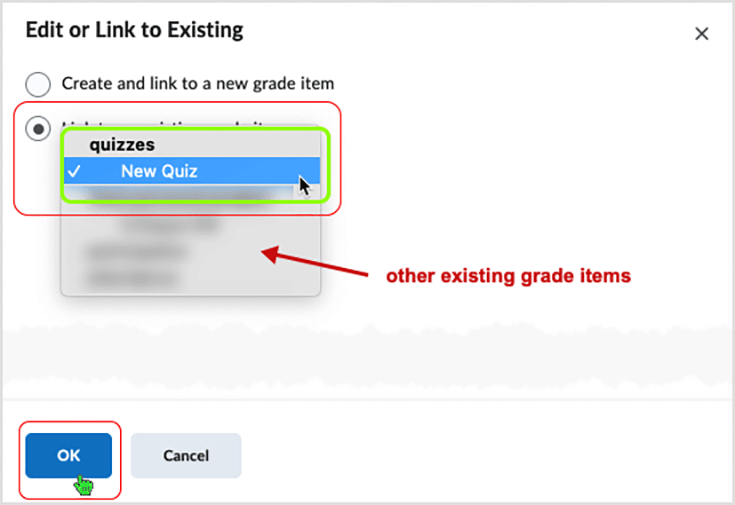 Brightspace screenshot 20.22.12 -  drop menu display related to the "Link to an existing grade item" selection