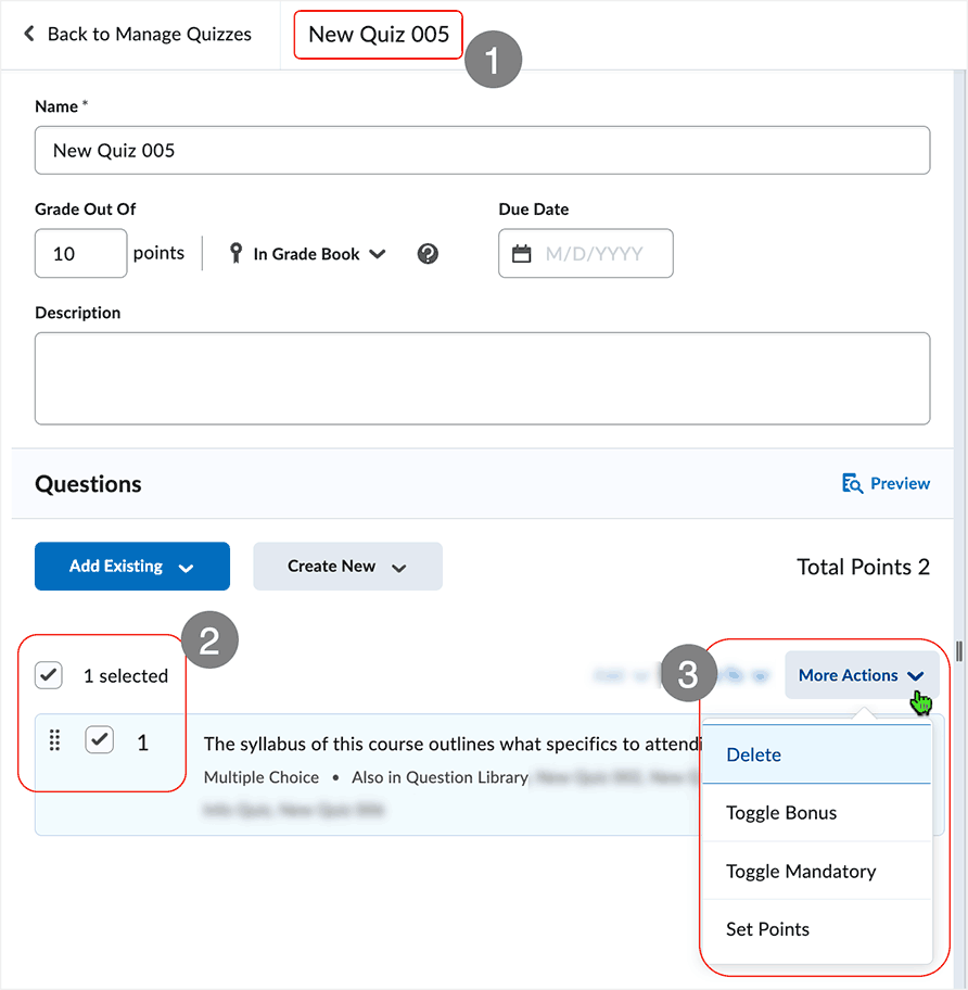 Brightspace screenshot 20.23.02 - select the "More Actions" button to reveal the drop menu with available choices. 