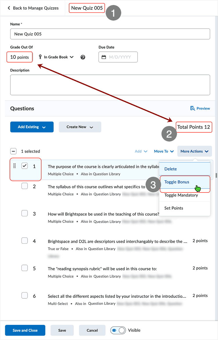 Brightspace screenshot 20.23.02 - selecting the "Toggle Bonus" option