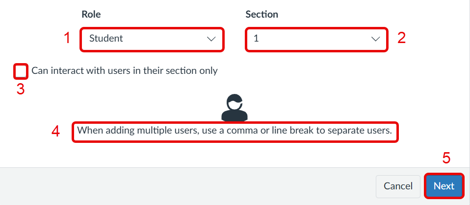 Canvas Add People window with numbered callouts highlighting the Role dropdown, Section dropdown, "Can interact with users in their section only" checkbox, user entry field for adding one or more users, and the Next button.