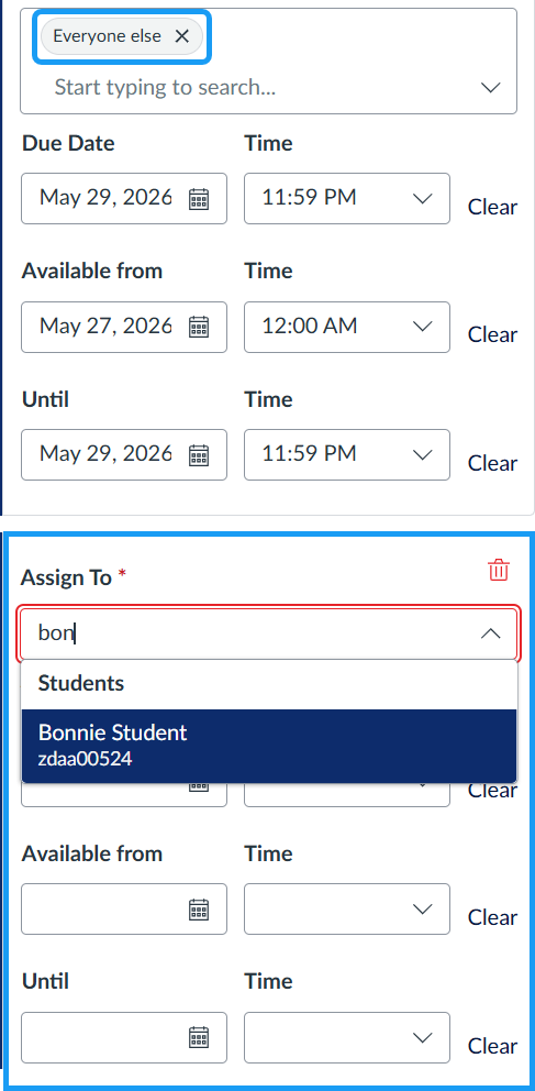 Two Assign To groups displayed in Canvas. The first is assigned to Everyone Else and the second is assigned to a specific student with separate dates.