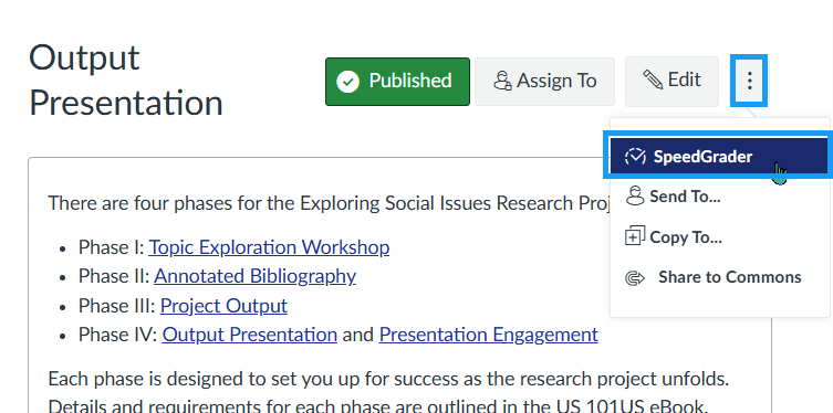 Assignment menu showing SpeedGrader option