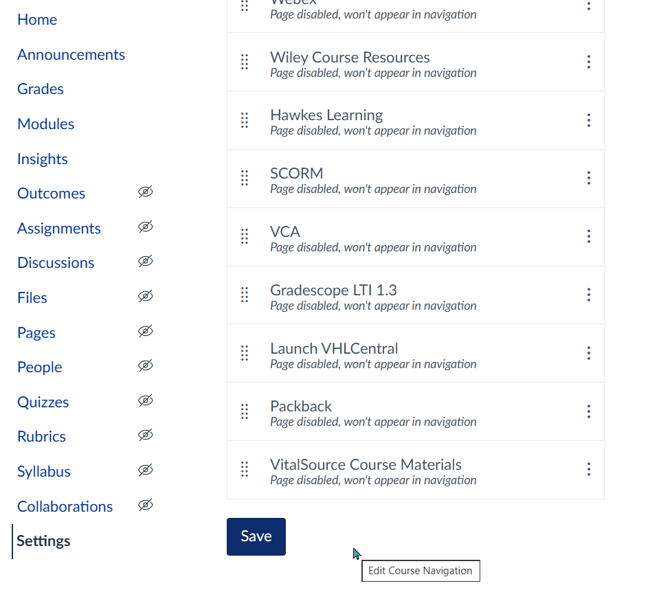 Blue Save button at the bottom of the course navigation item list