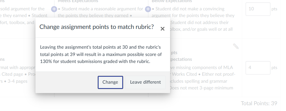 Canvas warning about having the rubric and assignment set with different points