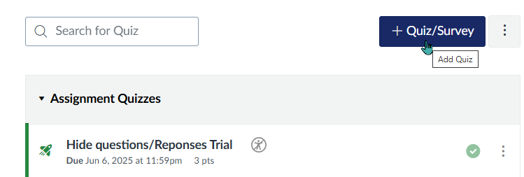 Quiz area in Canvas with a blue button on the top right that reads + Quiz/Survey