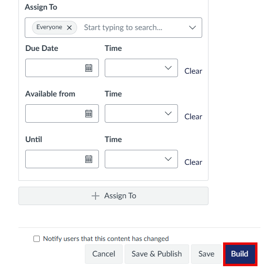Bottom right corner of a Canvas quiz with buttons for Save, Save and Publish, and Build
