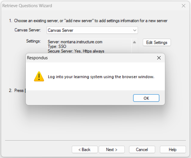respondus window instructing users to log in to Canvas in a new browser