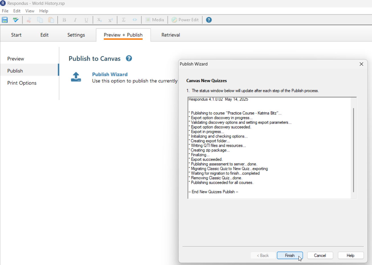 respondus window showing progress of the publish to Canvas