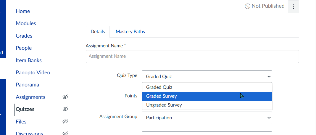 dropdown in Canvas quiz that offers a quiz, a graded survey, or an ungraded survey