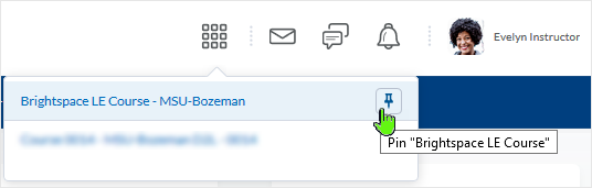 D2L 20.19.05 screenshot - pinning the course to the top of the list and in the My Courses widget by clicking on the pin icon