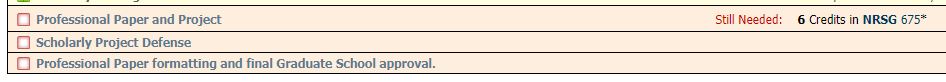 DNP students' DegreeWorks shows a non-course requirement that reads "Professional Paper formatting and final Graduate School approval."