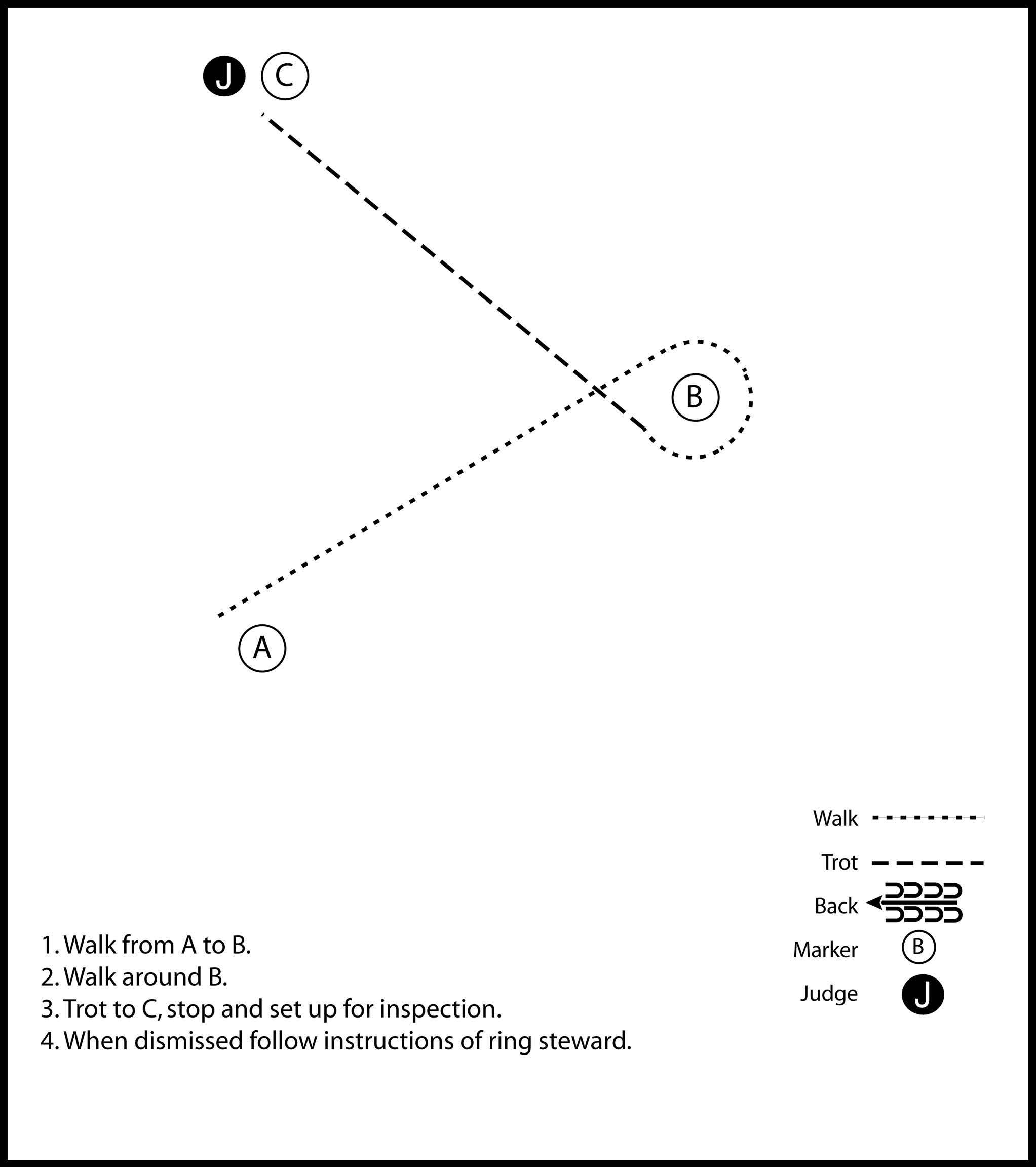 This image is a diagram of a showmanship pattern involving a judge and a participant that is instructed to walk, trot, stop at the judge for inspection, then, after being dismissed, follow instructions of steward.