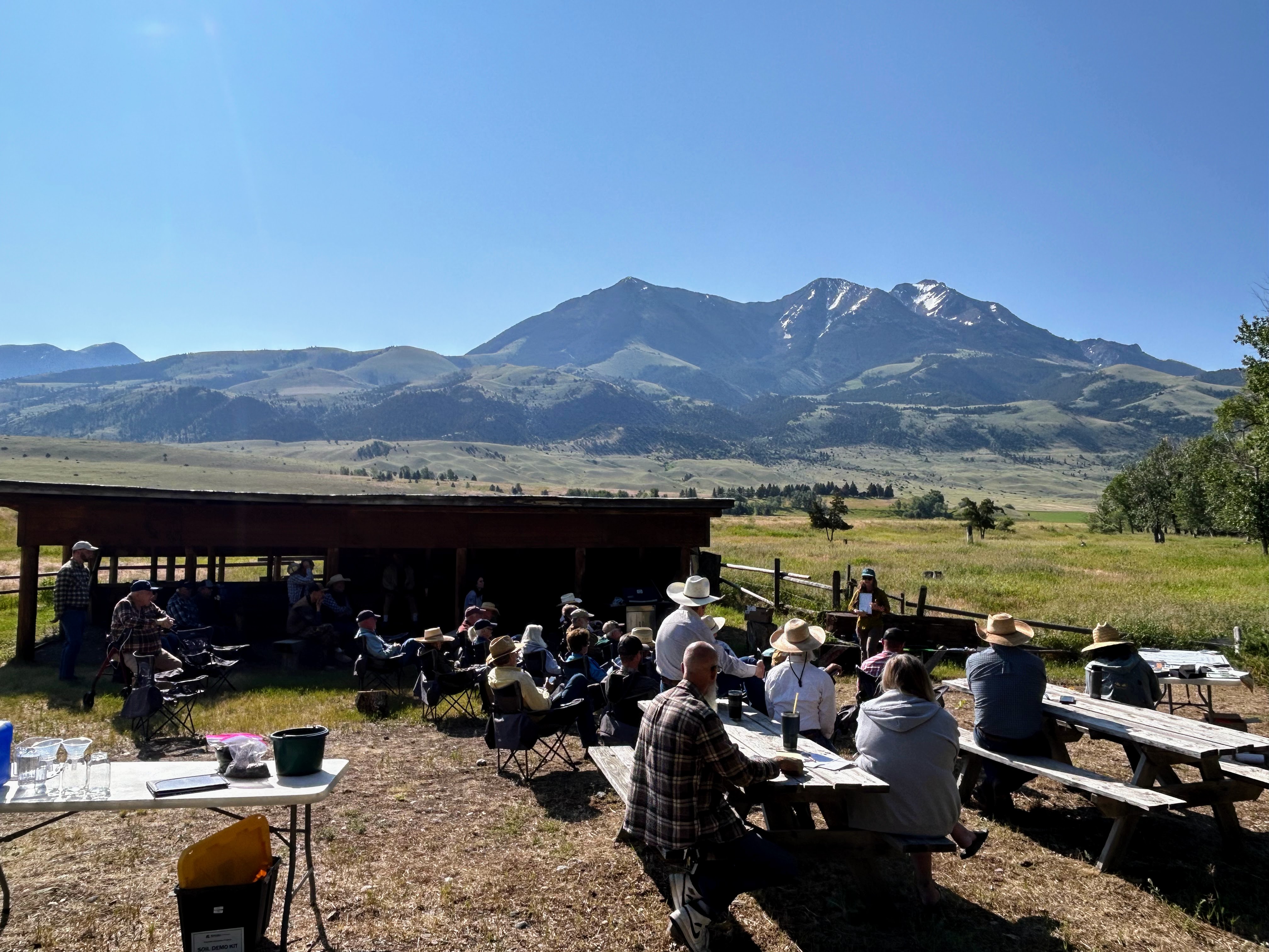 Participants at a Weed Field Day with Emigrant Peak in the background. 