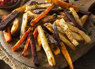 An image of french fries in different colors such as purple, white, and orange.