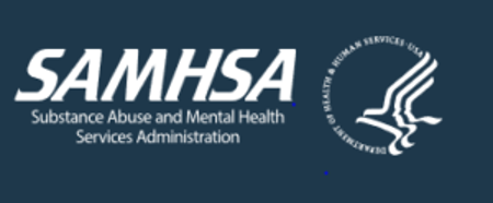 A dark blue rectangular logo with the outline of an eagle on the right, and text on the left that says SAMHSA - Substance Abuse and Mental Health Services Administration
