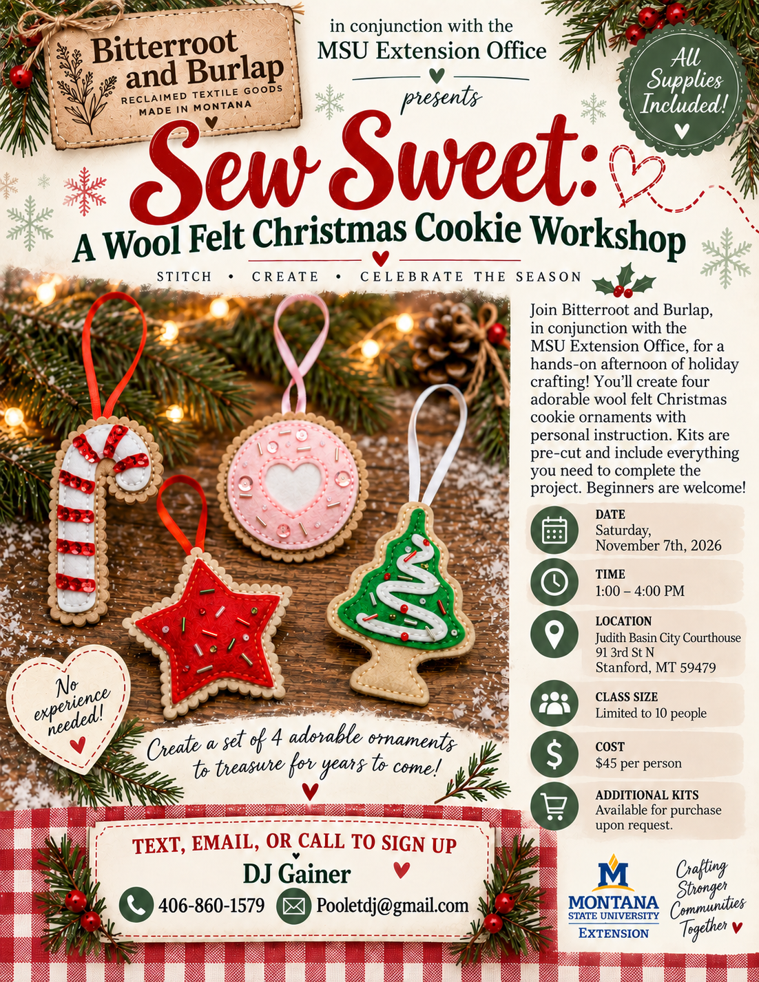 Sew Sweet Wool Felt Workshop Flyer featuring event details and photos of four felt handmade tree ornamanets 
