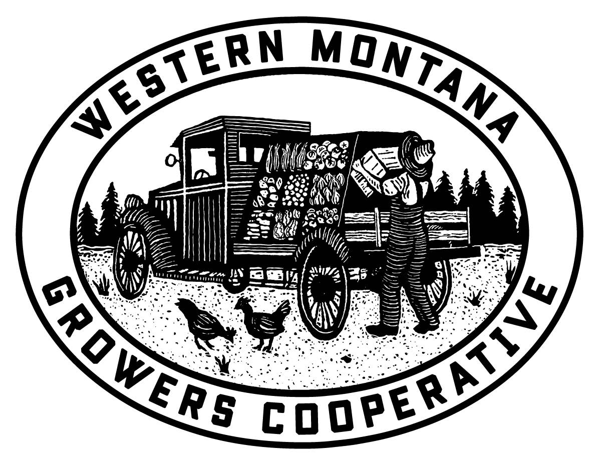 A circular logo has the words: Western Montana Growers Cooperative around the edge. A drawing of an old car with a produce attachment, chickens surrounding it pecking at the ground, and person setting wood in the produce attachment sits in the center of the logo.