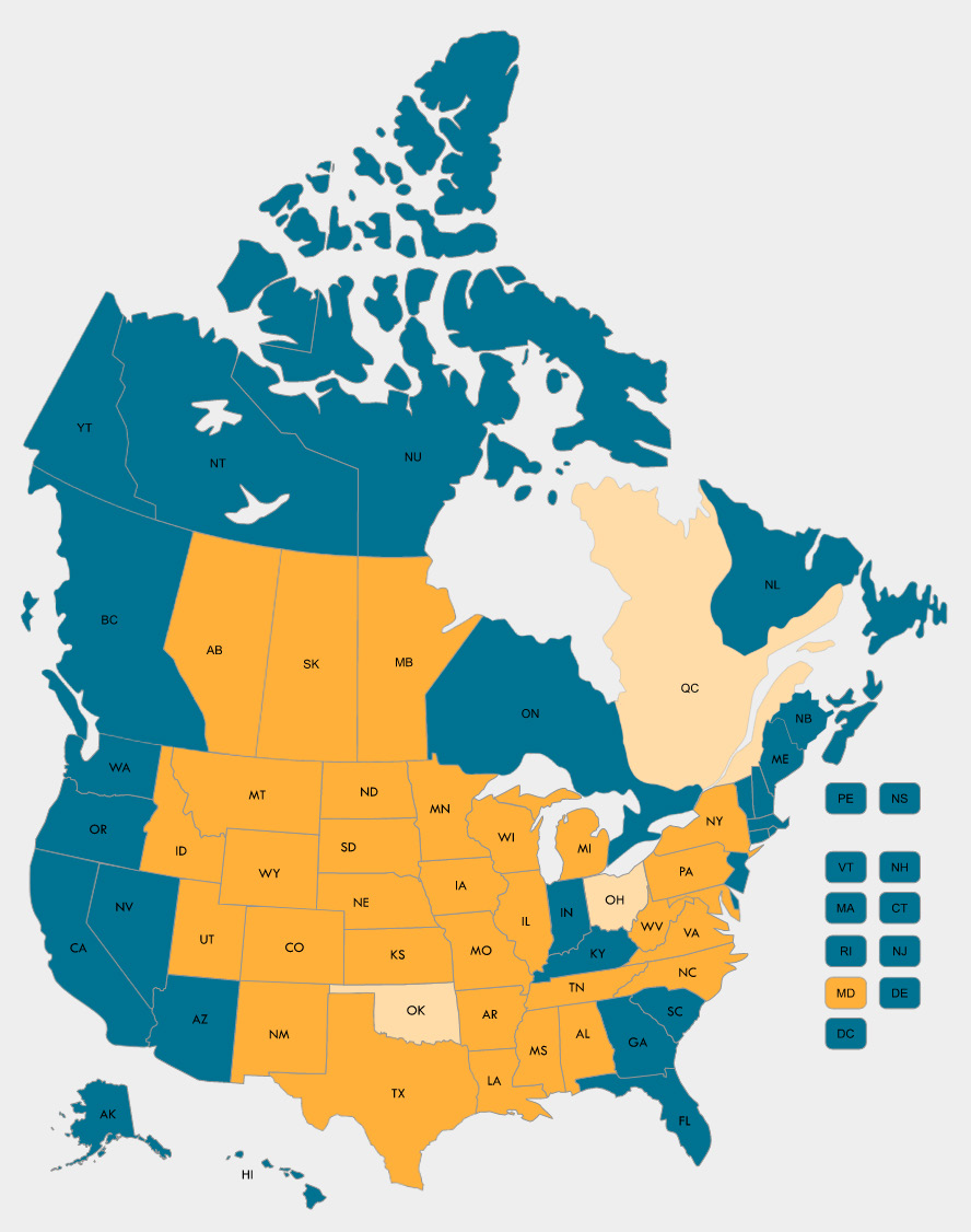 map illustrating the distribution of Chronic Wasting disease in North America.