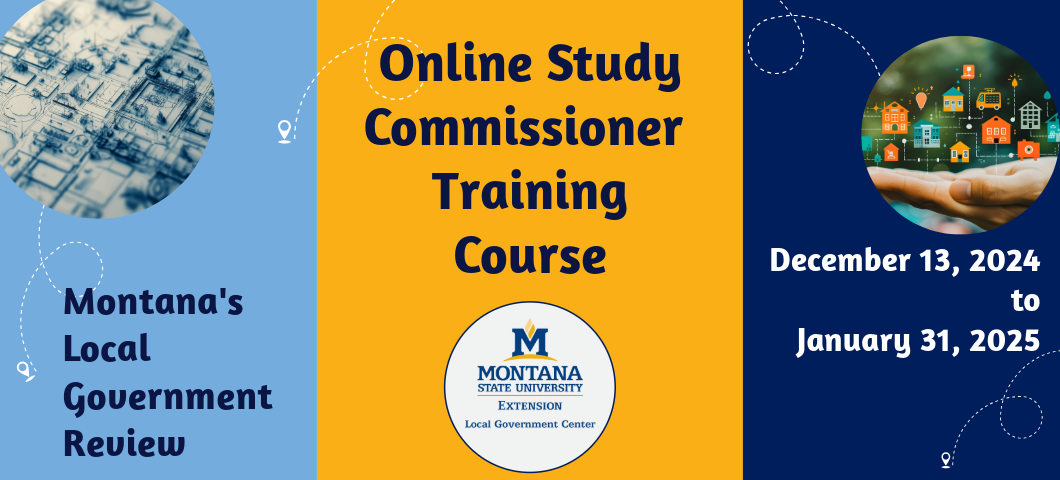 Tri-colored blue and gold banner that says welcome study commission online training course and course dates