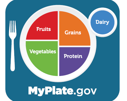 a grpahic of the "MyPlate" requirements showing fruits, veggies, dairy, grains, and proteins