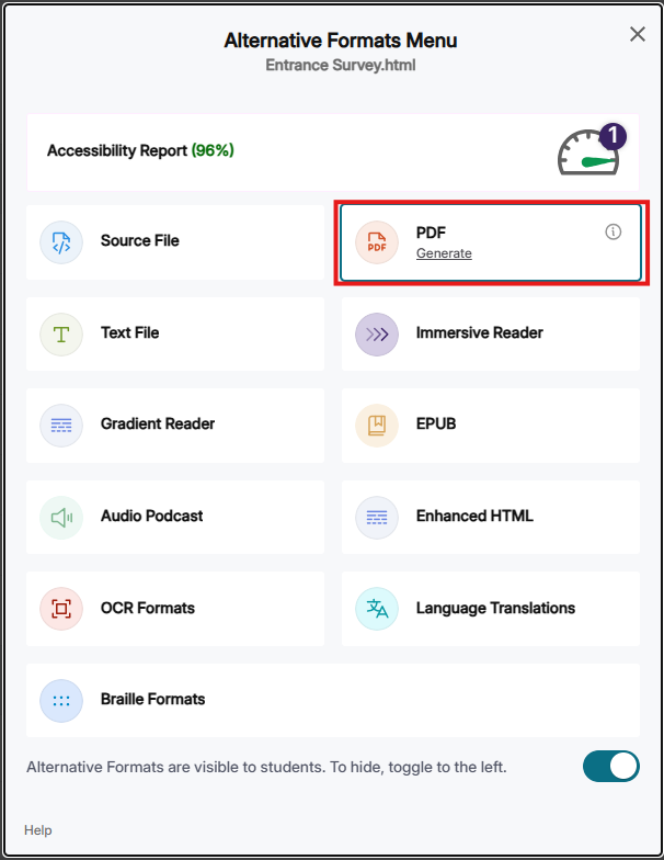 screenshot of yuja alternative formats menu with PDF option highlighted