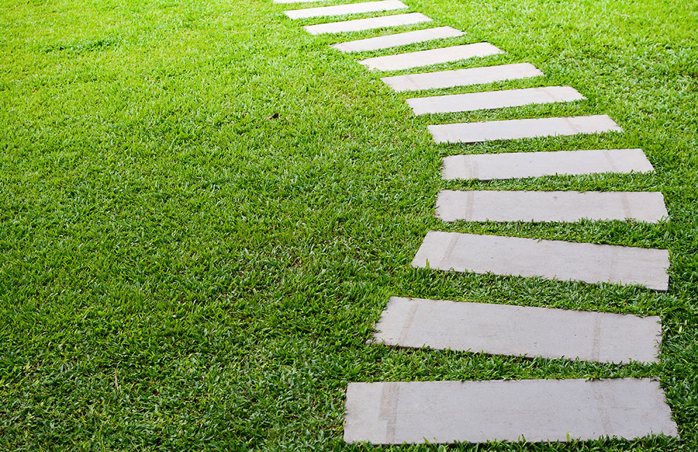 Concrete stepping stones winding through grass.