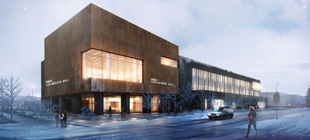 Norm Asbjornson Hall, home of the Honors College, in the winter rendering.