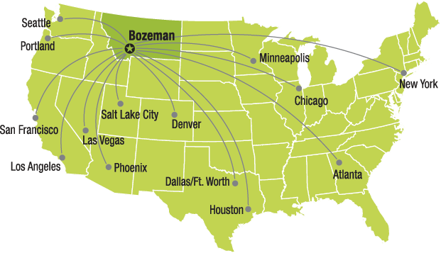 Map showing 15 direct flights out of Bozeman