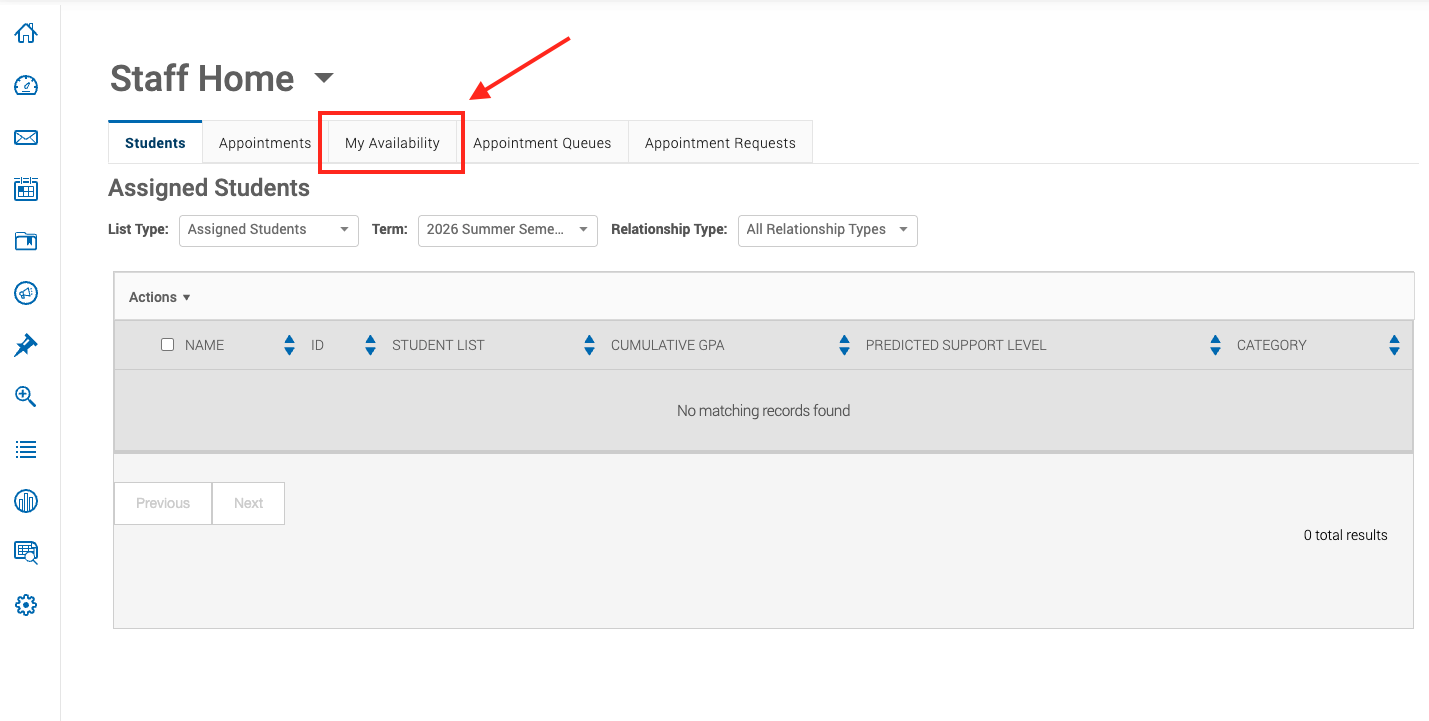 red box and arrow around My Availabilty tab