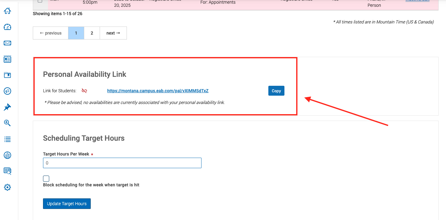 red box with arrow around personal availability link