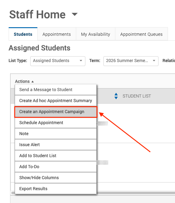 red box and arrow around create an appointment campaign