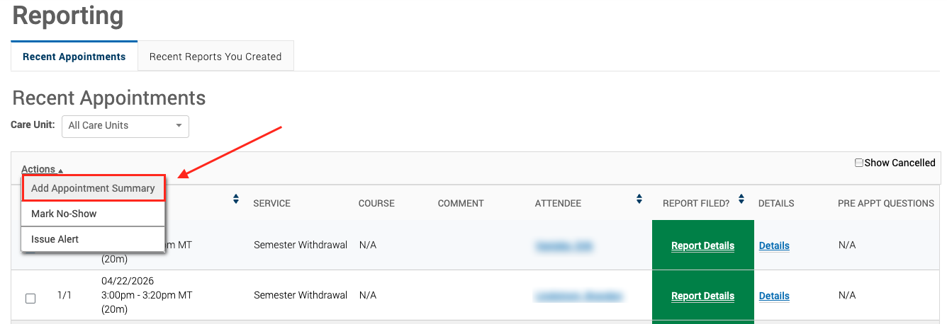 red box with arrow around add appointment summary