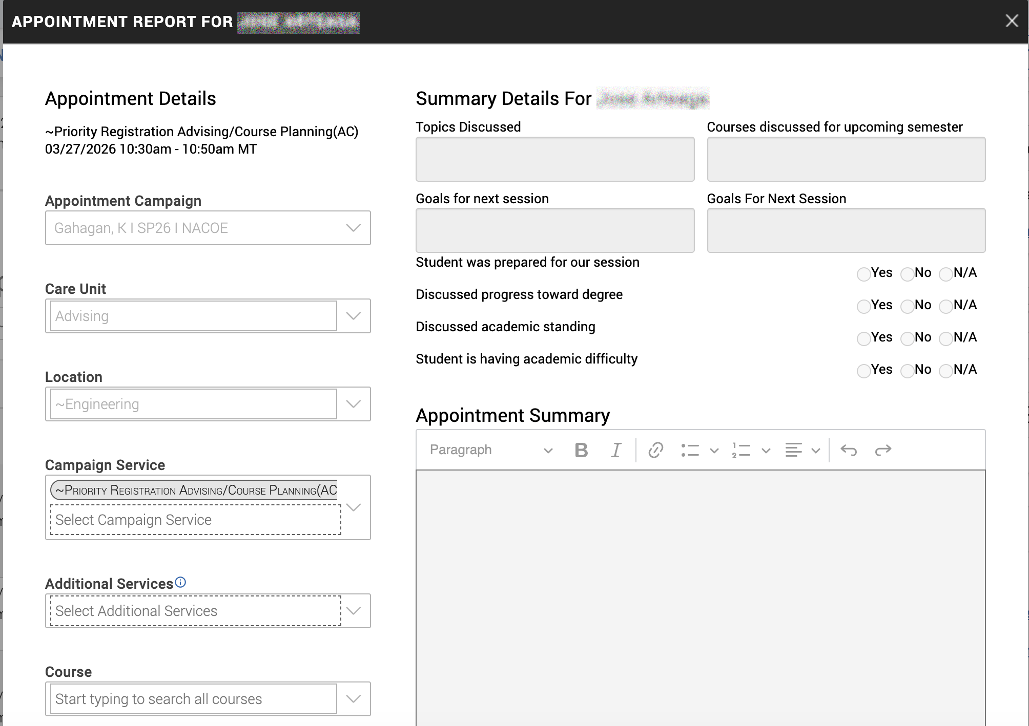 appointment summary window