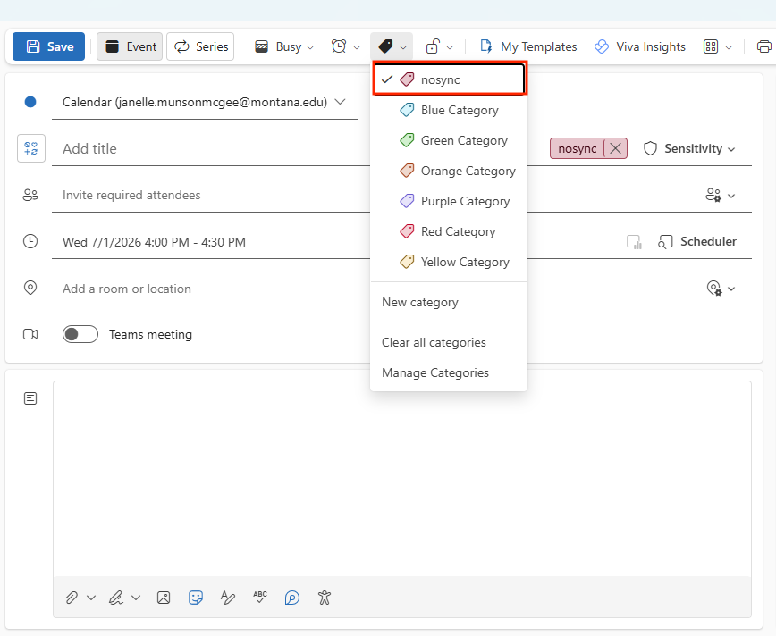 red box around nosync outlook category