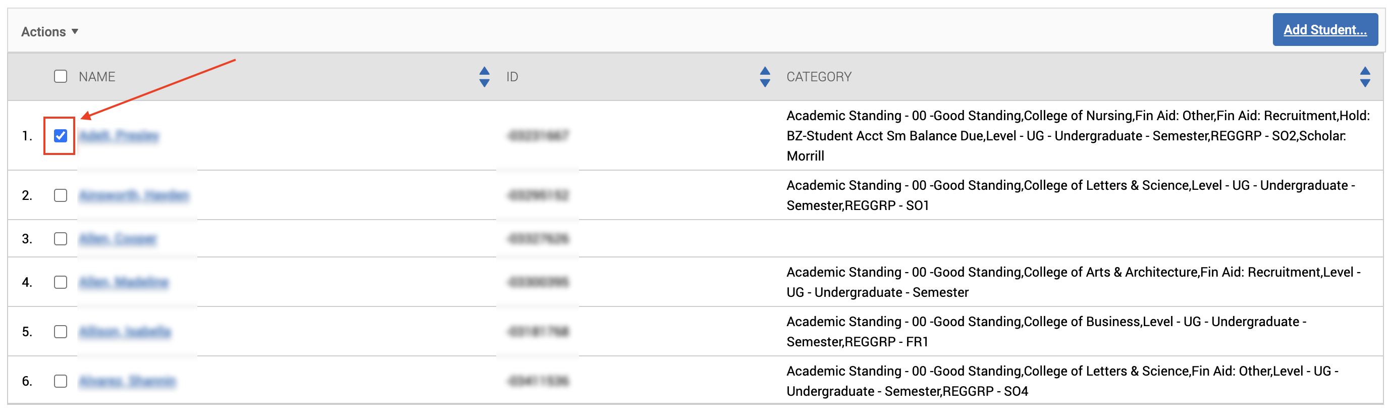 red box and arrow next to student checkbox