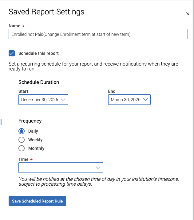 saved report settings window