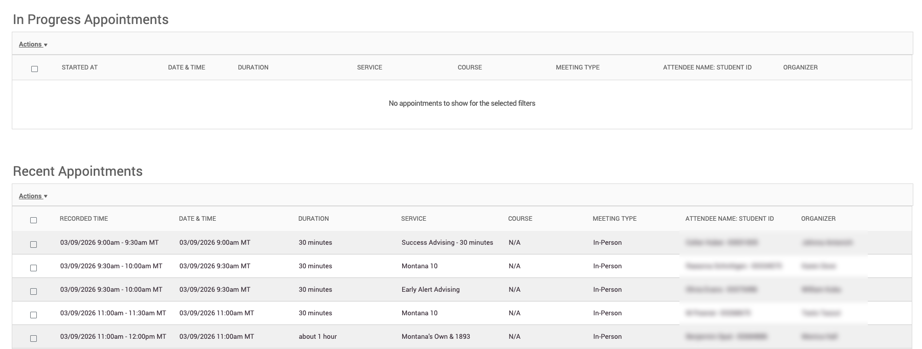 in progress and recent appointments tab
