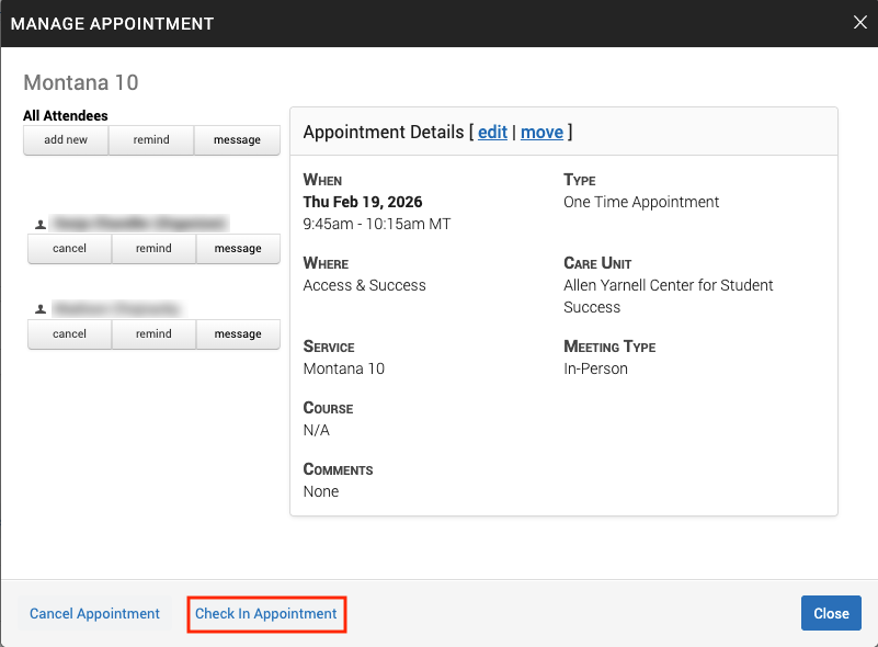 red box around check in appointment