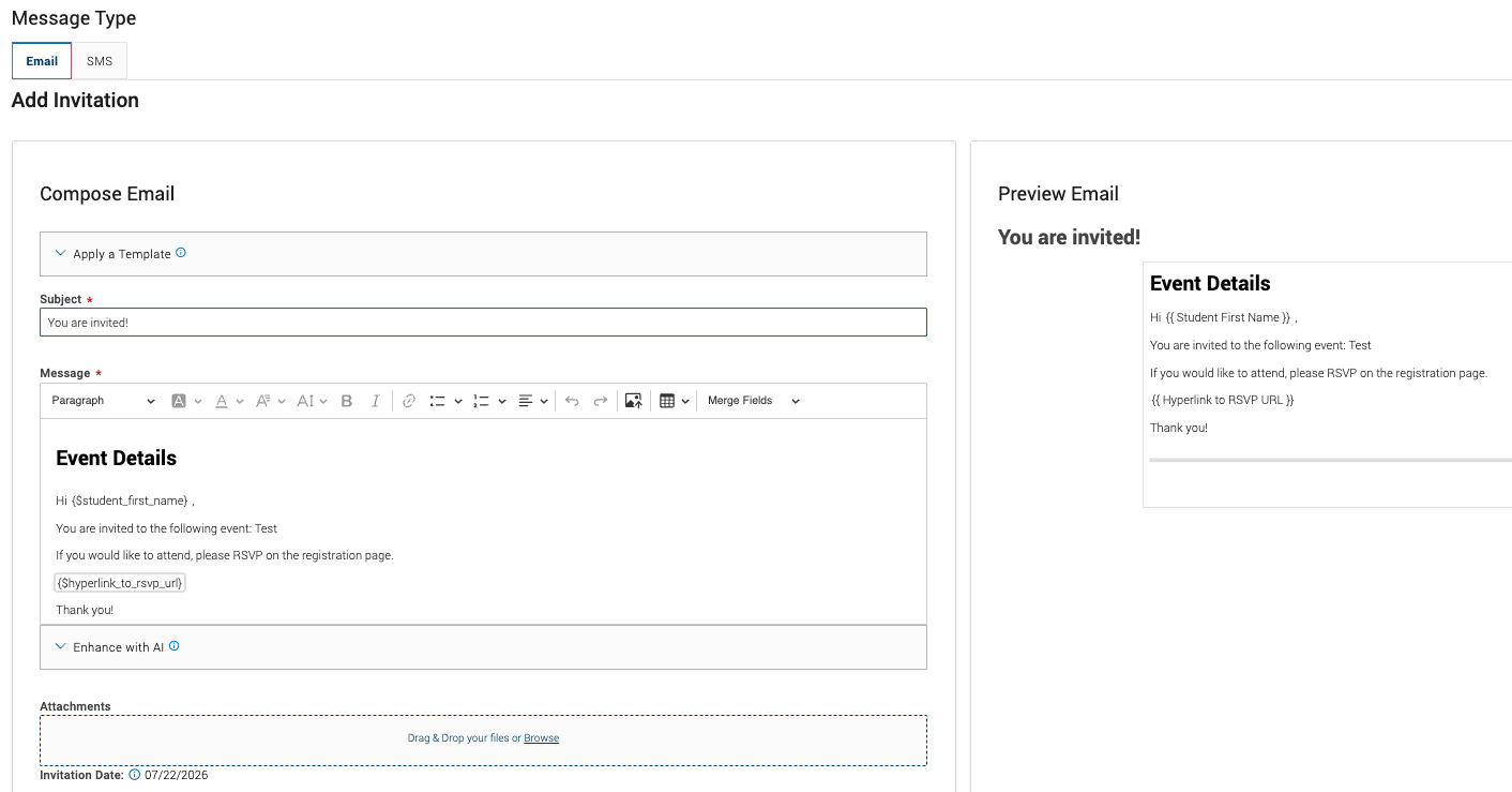 email composition field with red box around rsvp hyperlink