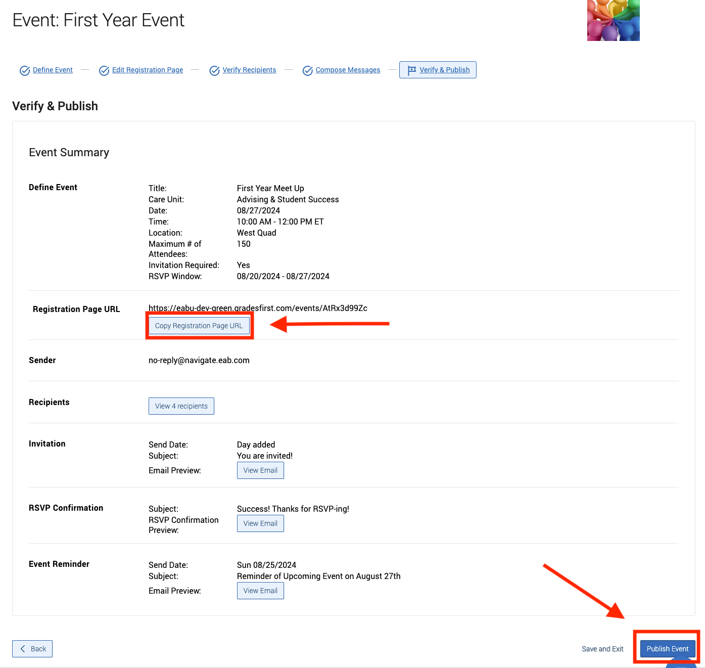 red box around copy registration page url and publish event