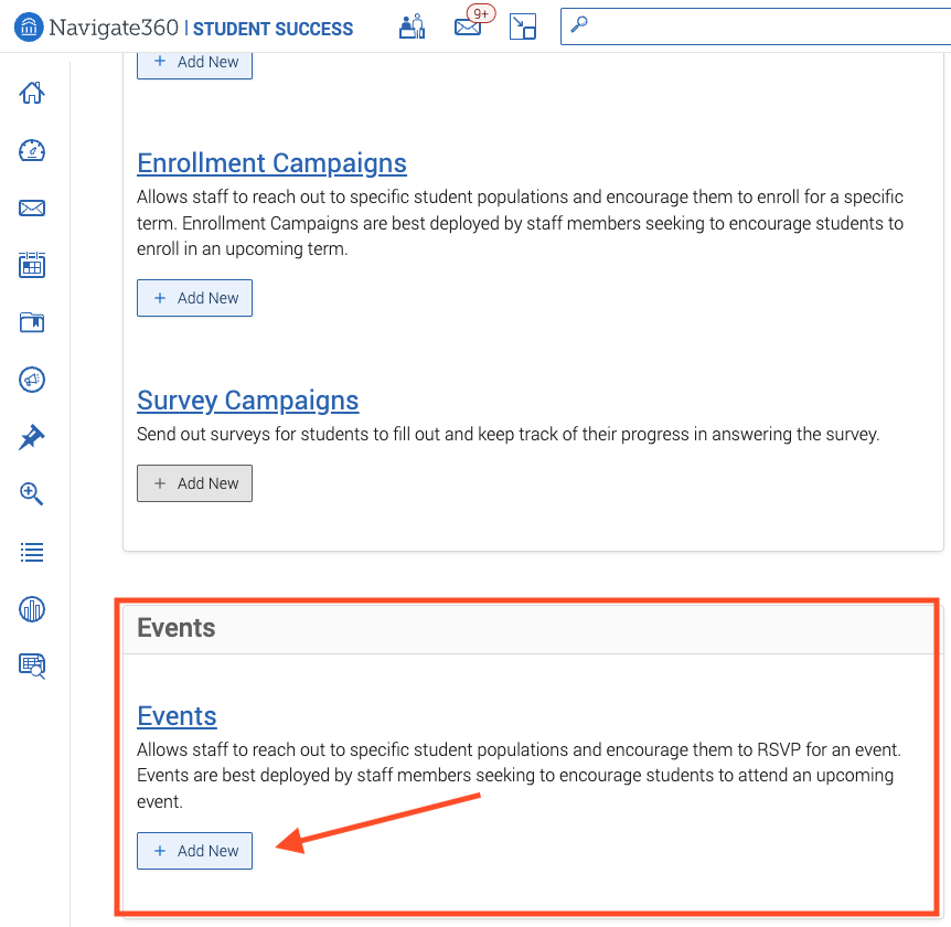 red box around events and arrow to add new button