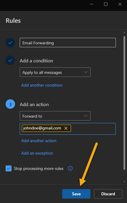 A filled out Rules tab with a yellow arrow pointing to the Save button.